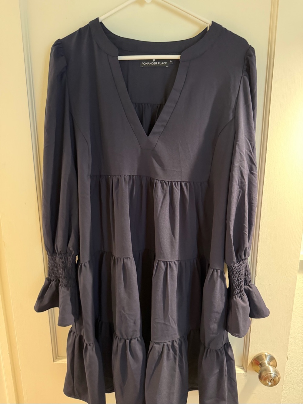 Pomander Place Navy Tiered V-Neck Long-Sleeve Dress